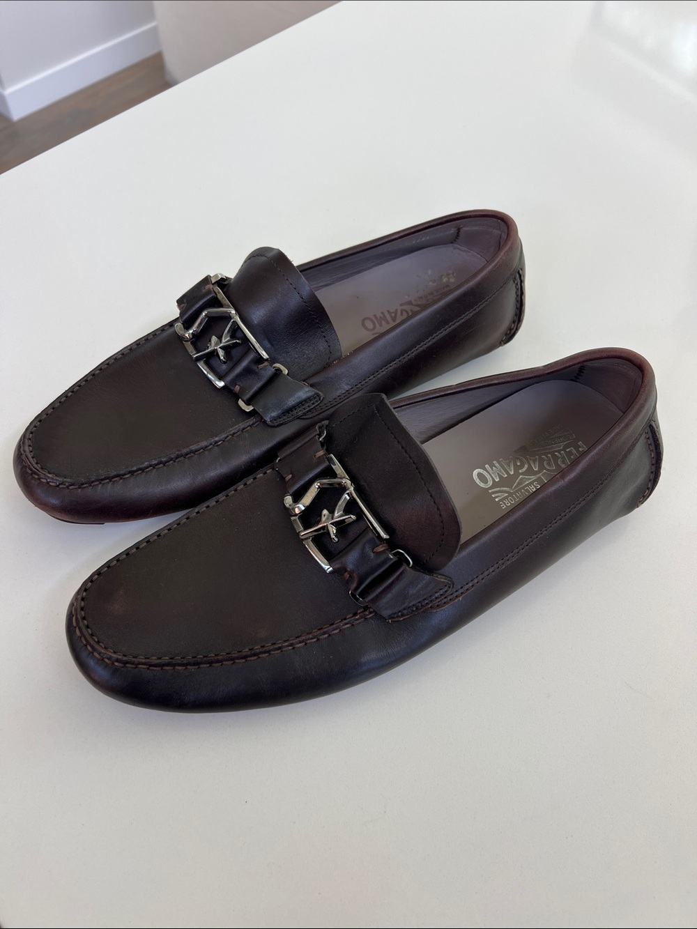 Salvatore Ferragamo parigi gancini bit brown leather driving loafers 10 E